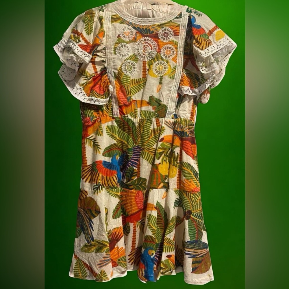 Farm Rio short sleeve  Green Off White Forest Birds Mini Dress in size small